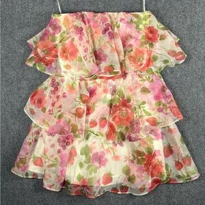 Abercrombie & Fitch Strapless Floral Strawberry Print Tiered Ruffle Mini Dress